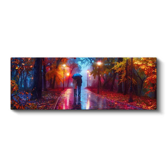 Sonbahar Yağmuru - Kızıl Yapraklar ve Şemsiye Kanvas Tablo
