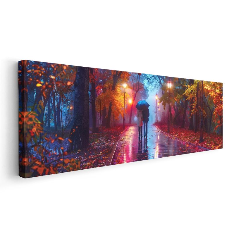 Sonbahar Yağmuru - Kızıl Yapraklar ve Şemsiye Kanvas Tablo