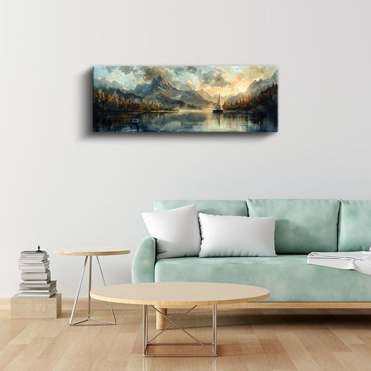 Dağ Gölü - Sisli Ufukta Yelkenli Kanvas Tablo