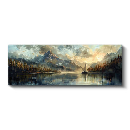 Dağ Gölü - Sisli Ufukta Yelkenli Kanvas Tablo
