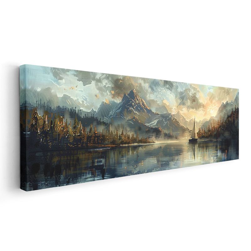 Dağ Gölü - Sisli Ufukta Yelkenli Kanvas Tablo