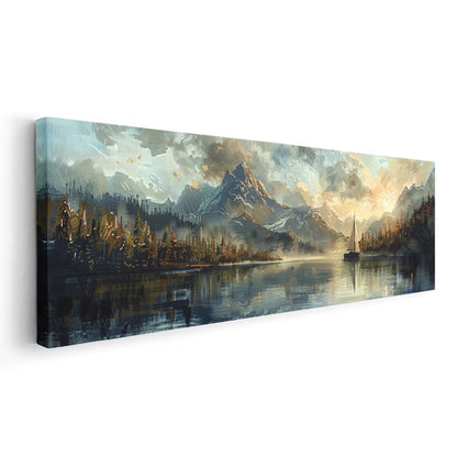 Dağ Gölü - Sisli Ufukta Yelkenli Kanvas Tablo