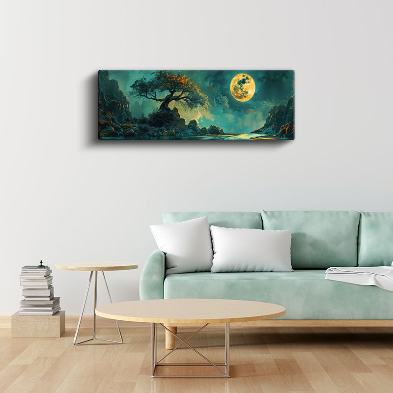 Mistik Ağaç - Turkuaz Gecede Dolunay Kanvas Tablo
