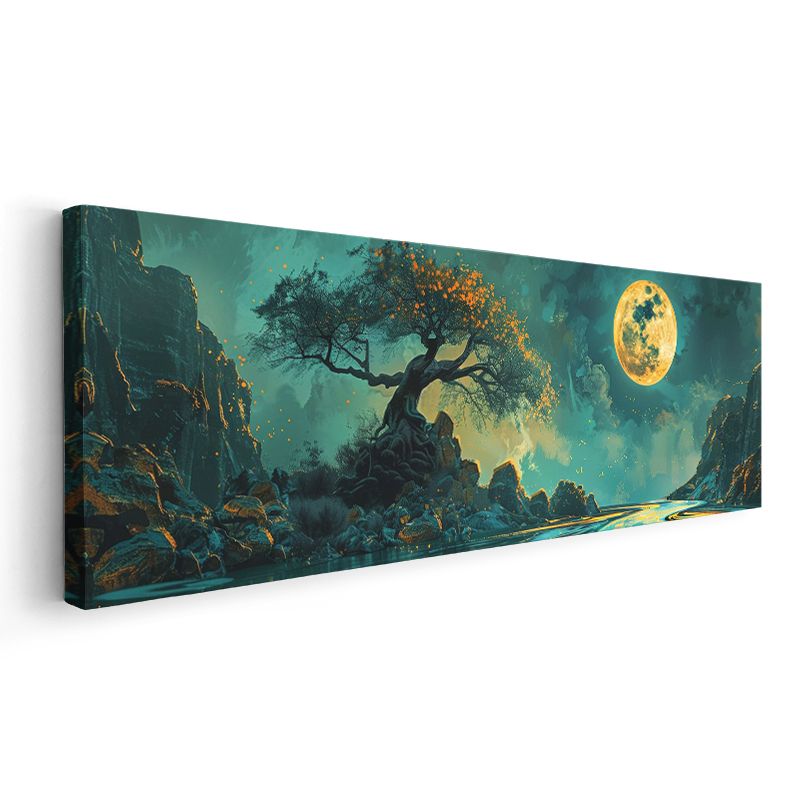 Mistik Ağaç - Turkuaz Gecede Dolunay Kanvas Tablo