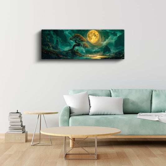 Altın Ay - Dağlar Arasında Yalnız Ağaç Kanvas Tablo