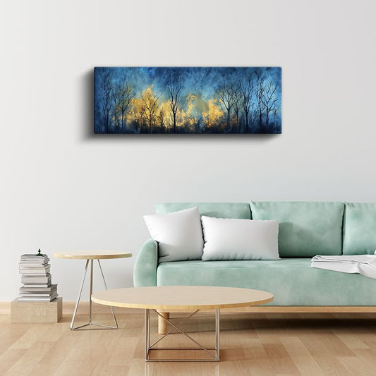 Kış Ağaçları - Mavi ve Altın Tonlarında Orman Silüeti Kanvas Tablo