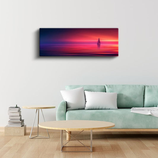Mor Ufuklar - Gün Batımında Yalnız Yelkenli Kanvas Tablo