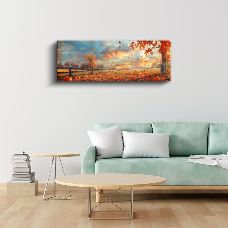 Sonbahar Rüzgarı - Uçuşan Yapraklar ve Turuncu Manzara Kanvas Tablo