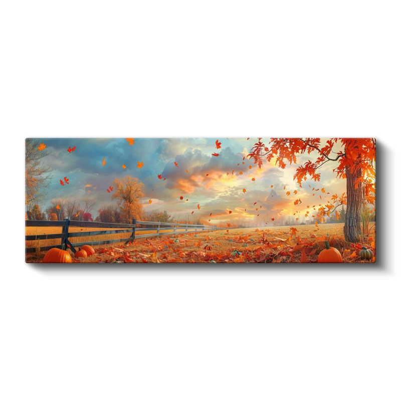 Sonbahar Rüzgarı - Uçuşan Yapraklar ve Turuncu Manzara Kanvas Tablo