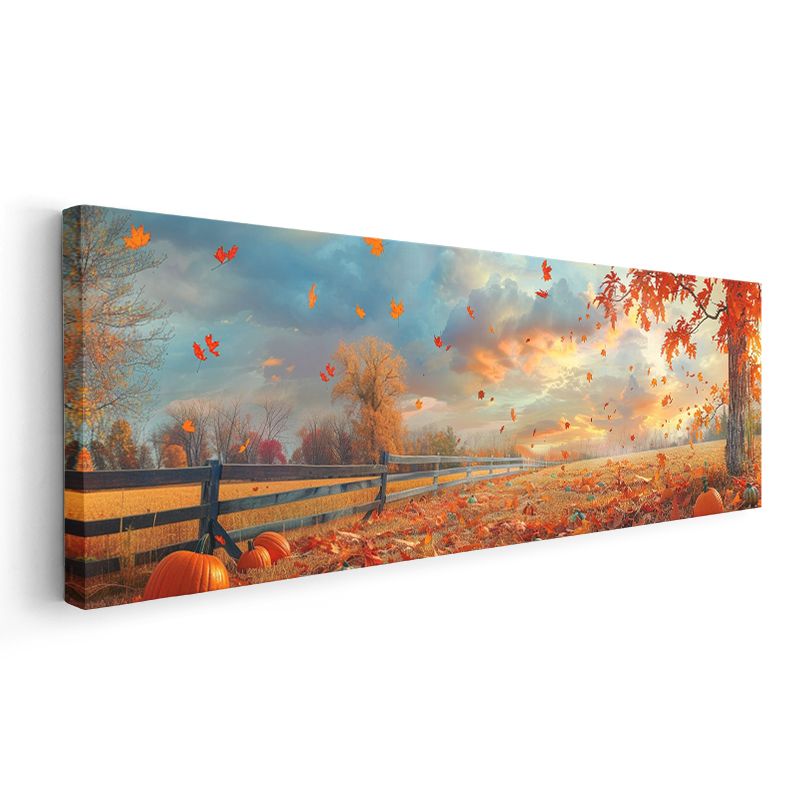 Sonbahar Rüzgarı - Uçuşan Yapraklar ve Turuncu Manzara Kanvas Tablo