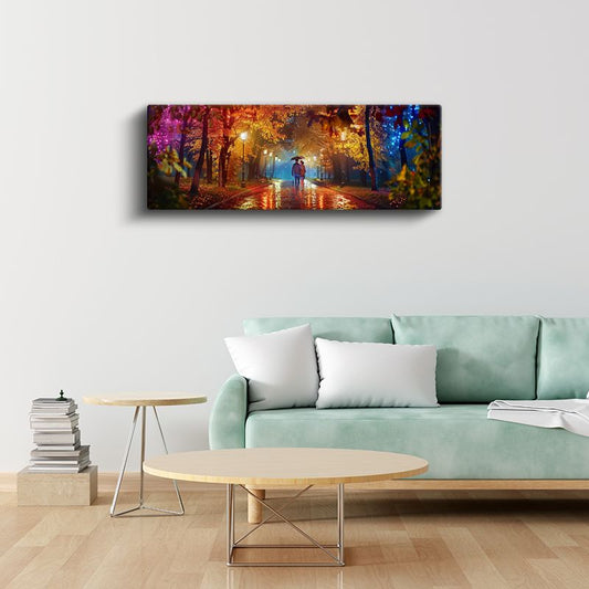 Renkli Sonbahar Gecesi - Yağmurlu Park Yürüyüşü Kanvas Tablo