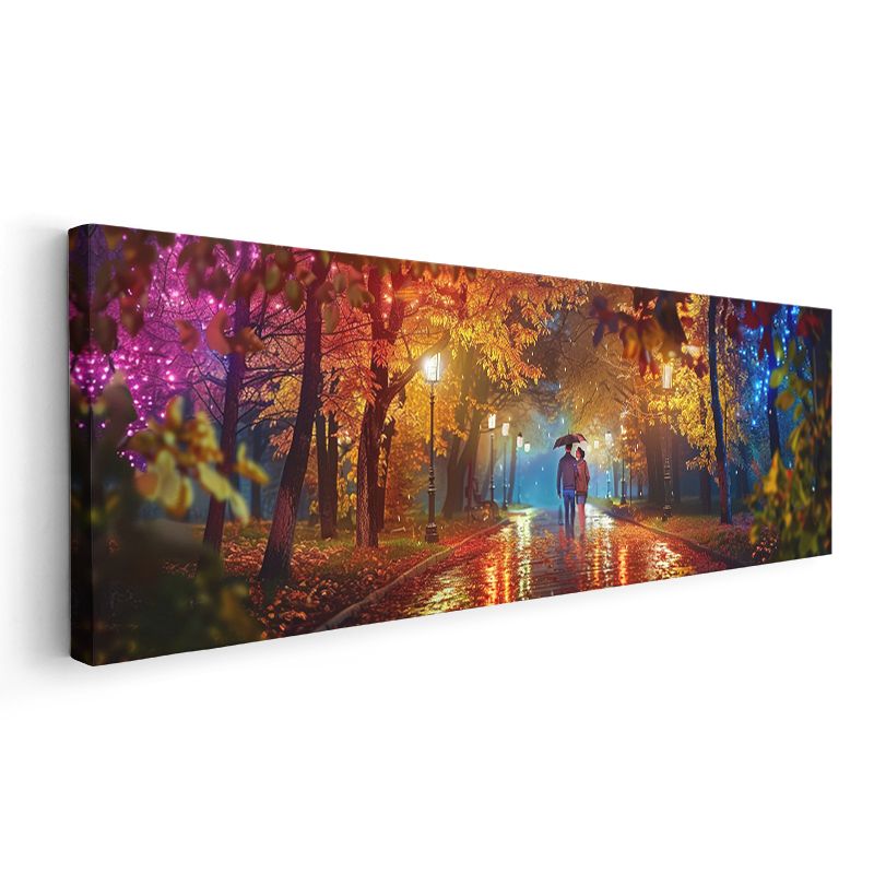 Renkli Sonbahar Gecesi - Yağmurlu Park Yürüyüşü Kanvas Tablo