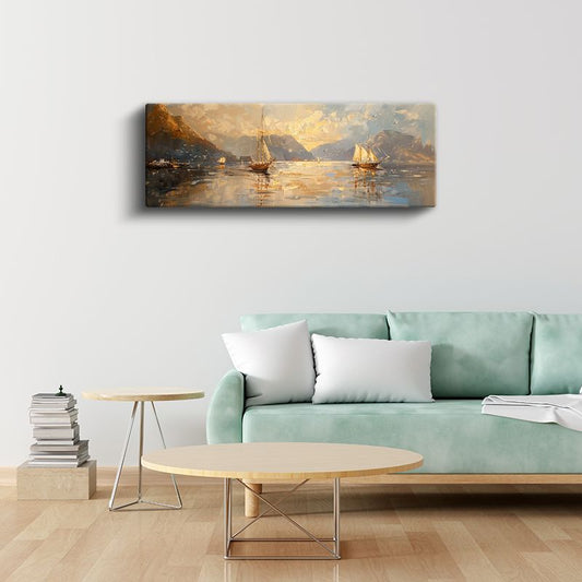 Yelkenli Tekneler - Altın Saatlerde Dağlar Arasında Huzurlu Yolculuk Kanvas Tablo