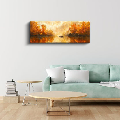Sonbahar Gölü - Turuncu Yapraklar Arasında Yalnız Kayık Kanvas Tablo