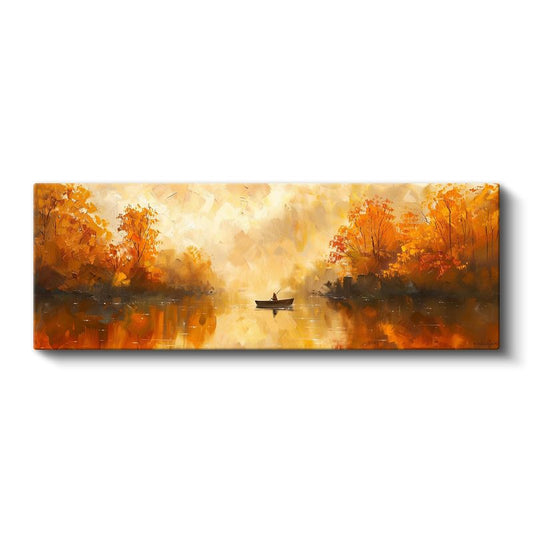 Sonbahar Gölü - Turuncu Yapraklar Arasında Yalnız Kayık Kanvas Tablo