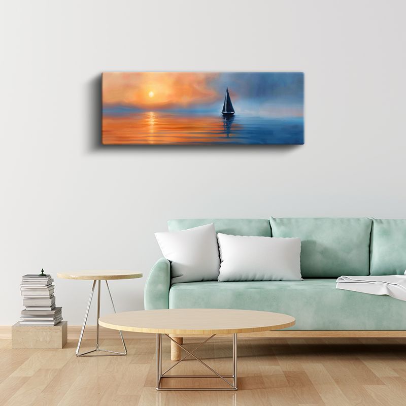 Gün Batımı - Sakin Denizde Yalnız Yelkenli Kanvas Tablo