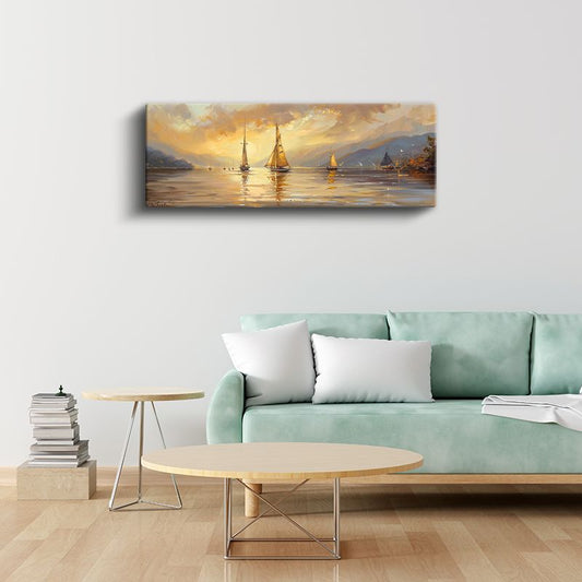 Akşam Yelkenlileri - Dağlar Arasında Altın Suda Yansımalar Kanvas Tablo