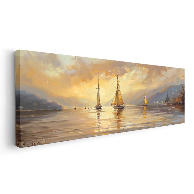 Akşam Yelkenlileri - Dağlar Arasında Altın Suda Yansımalar Kanvas Tablo