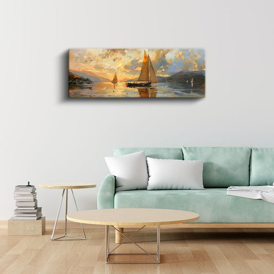 Altın Yelkenler - Günbatımında Dağlık Kıyıda Deniz Yolculuğu Kanvas Tablo