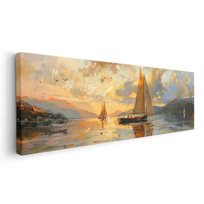 Altın Yelkenler - Günbatımında Dağlık Kıyıda Deniz Yolculuğu Kanvas Tablo
