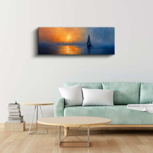 Yelkenli Tekne - Alev Renkli Gün Batımında Huzur Kanvas Tablo