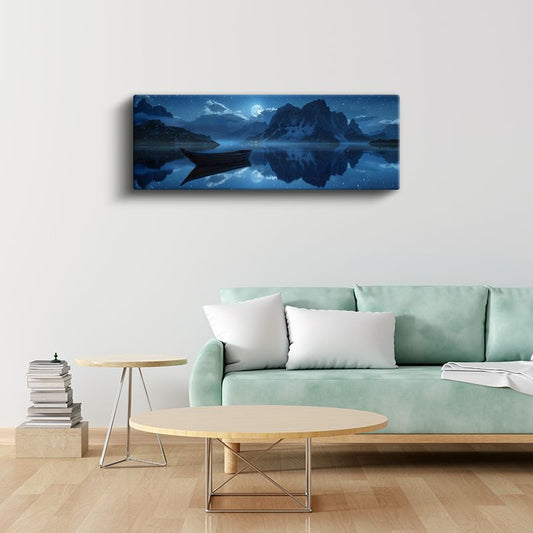 Gece Gölü - Ay Işığında Dağların Yansıması Kanvas Tablo