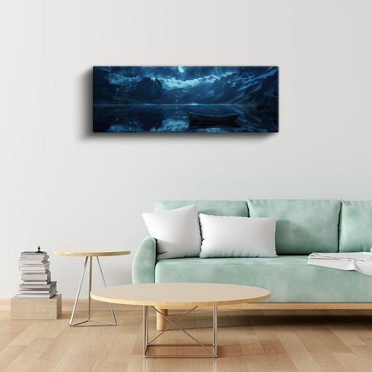 Ay Işığı - Dağ Gölündeki Tekne Kanvas Tablo