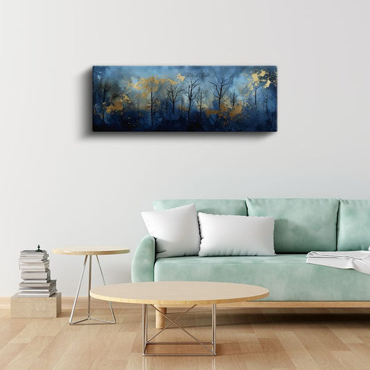 Altın Orman - Mavi Tonlarda Büyüleyici Ağaç Silüetleri Kanvas Tablo