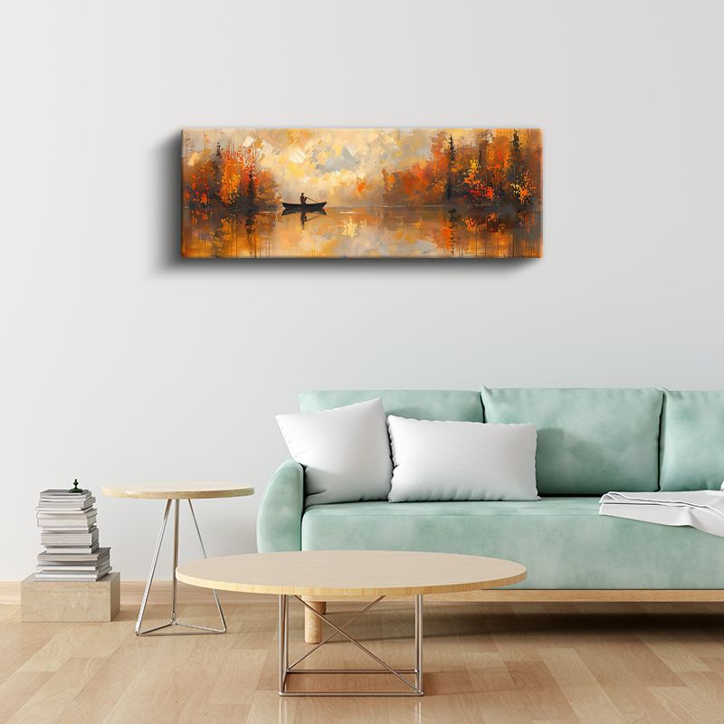 Sonbahar Gölü - Turuncu Tonlarda Balıkçı Manzarası Kanvas Tablo