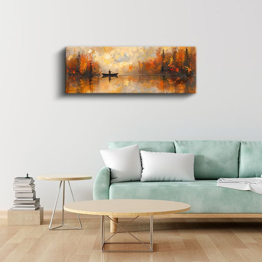 Sonbahar Gölü - Turuncu Tonlarda Balıkçı Manzarası Kanvas Tablo