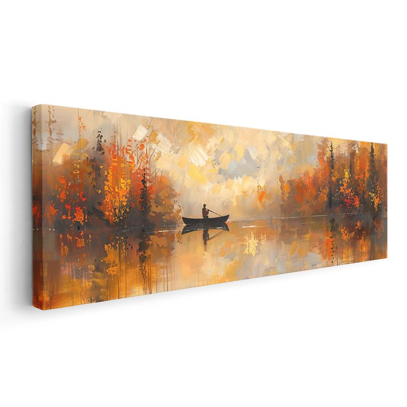 Sonbahar Gölü - Turuncu Tonlarda Balıkçı Manzarası Kanvas Tablo
