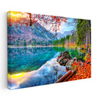 Yatay Kanvas Tablo Dağ Gölü ve Kızıl Yapraklar Manzara Tablosu Ev Ofis Duvar Dekoru
