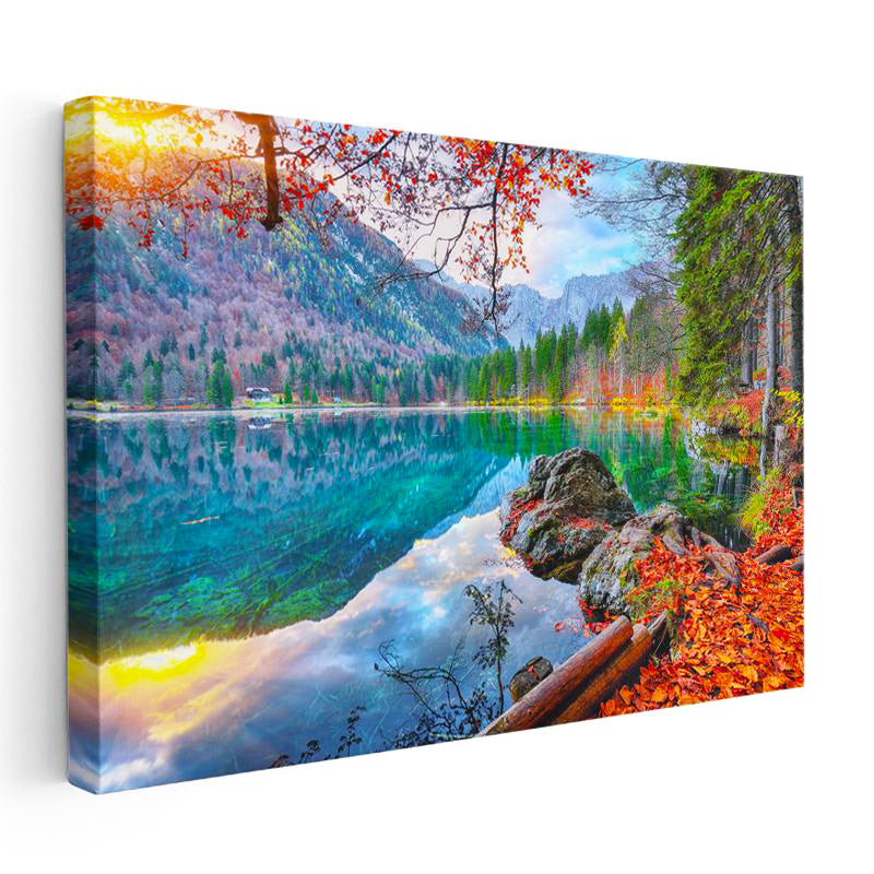 Yatay Kanvas Tablo Dağ Gölü ve Kızıl Yapraklar Manzara Tablosu Ev Ofis Duvar Dekoru