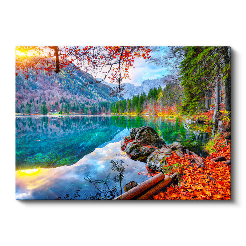 Yatay Kanvas Tablo Dağ Gölü ve Kızıl Yapraklar Manzara Tablosu Ev Ofis Duvar Dekoru