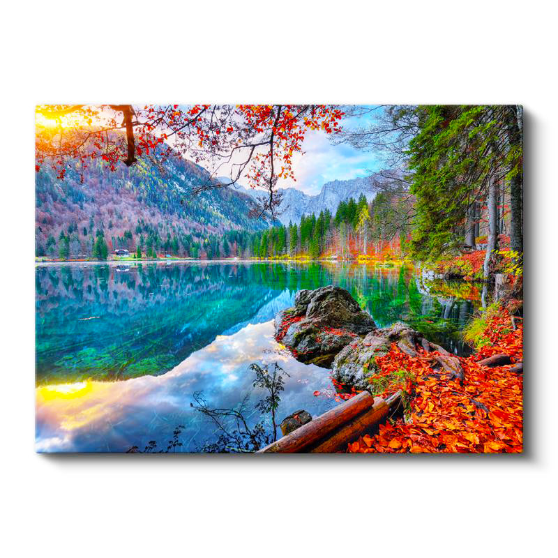 Yatay Kanvas Tablo Dağ Gölü ve Kızıl Yapraklar Manzara Tablosu Ev Ofis Duvar Dekoru