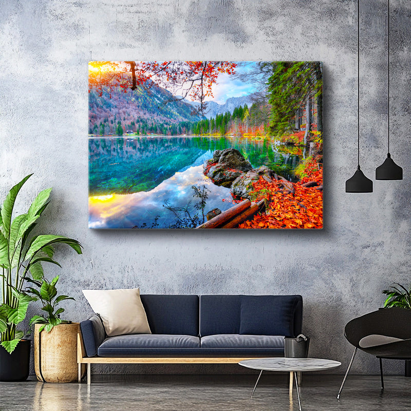 Yatay Kanvas Tablo Dağ Gölü ve Kızıl Yapraklar Manzara Tablosu Ev Ofis Duvar Dekoru