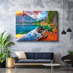 Yatay Kanvas Tablo Dağ Gölü ve Kızıl Yapraklar Manzara Tablosu Ev Ofis Duvar Dekoru