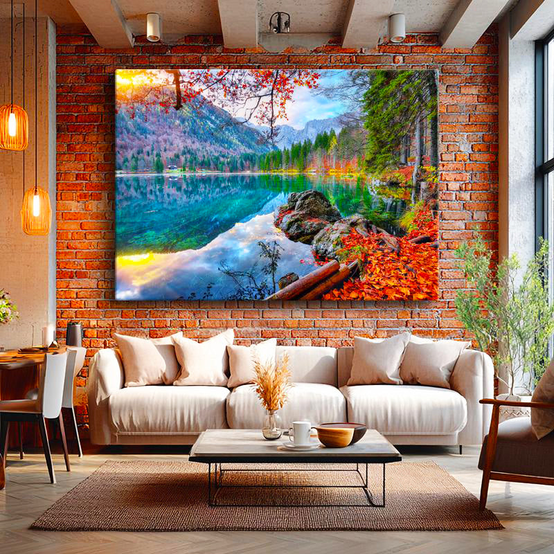 Yatay Kanvas Tablo Dağ Gölü ve Kızıl Yapraklar Manzara Tablosu Ev Ofis Duvar Dekoru