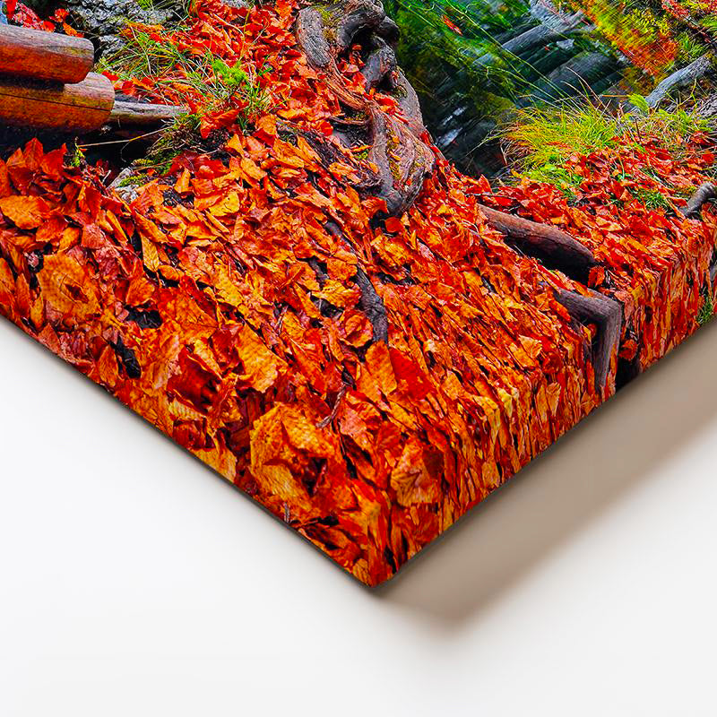 Yatay Kanvas Tablo Dağ Gölü ve Kızıl Yapraklar Manzara Tablosu Ev Ofis Duvar Dekoru