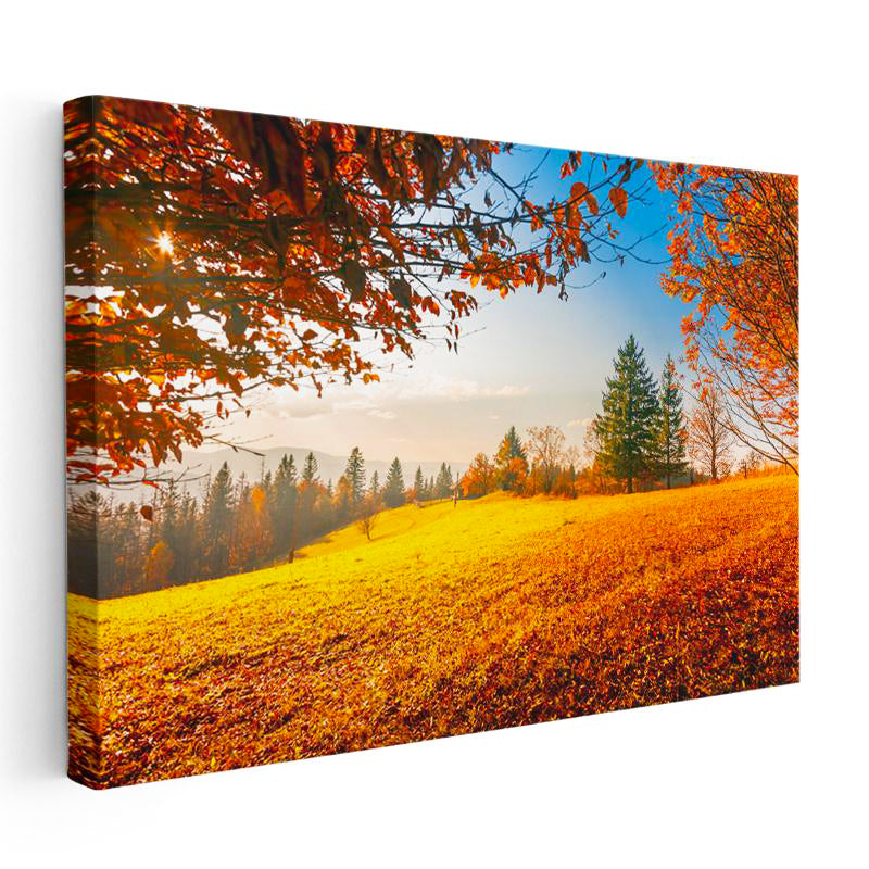Yatay Kanvas Tablo Güneş Işığı ve Sonbahar Tepesi Manzara Tablosu Ev Ofis Duvar Dekoru