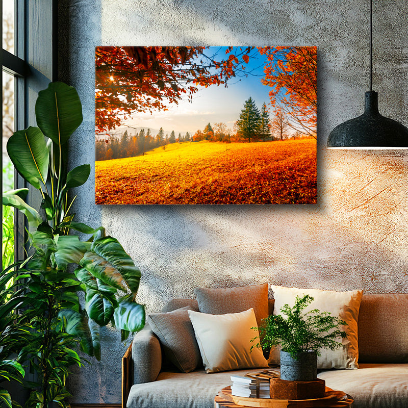 Yatay Kanvas Tablo Güneş Işığı ve Sonbahar Tepesi Manzara Tablosu Ev Ofis Duvar Dekoru