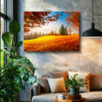 Yatay Kanvas Tablo Güneş Işığı ve Sonbahar Tepesi Manzara Tablosu Ev Ofis Duvar Dekoru