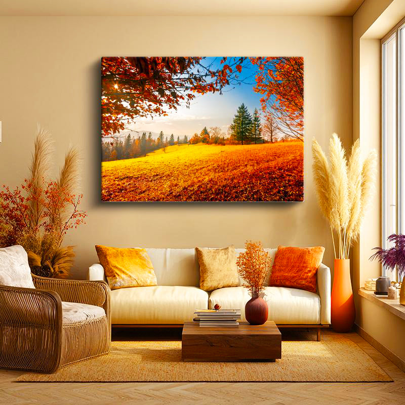 Yatay Kanvas Tablo Güneş Işığı ve Sonbahar Tepesi Manzara Tablosu Ev Ofis Duvar Dekoru