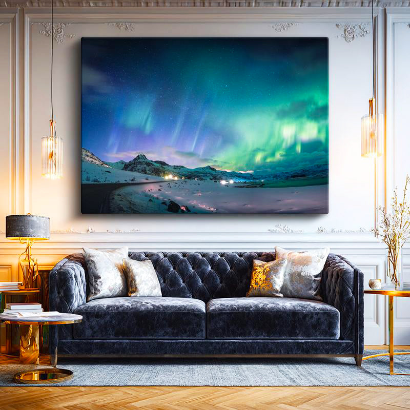 Yatay Kanvas Tablo Kuzey Işıkları ve Kış Yolu Manzara Tablosu Ev Ofis Duvar Dekoru