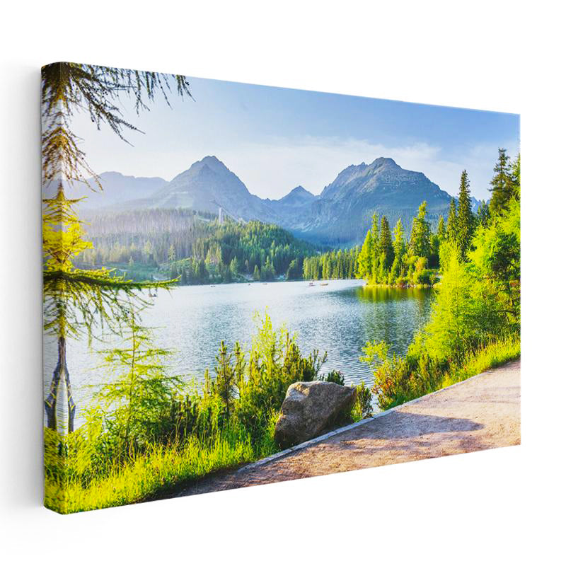 Yatay Kanvas Tablo Güneşli Göl Kenarı ve Patika Manzara Tablosu Ev Ofis Duvar Dekoru