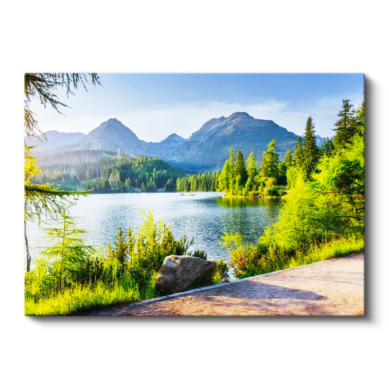 Yatay Kanvas Tablo Güneşli Göl Kenarı ve Patika Manzara Tablosu Ev Ofis Duvar Dekoru
