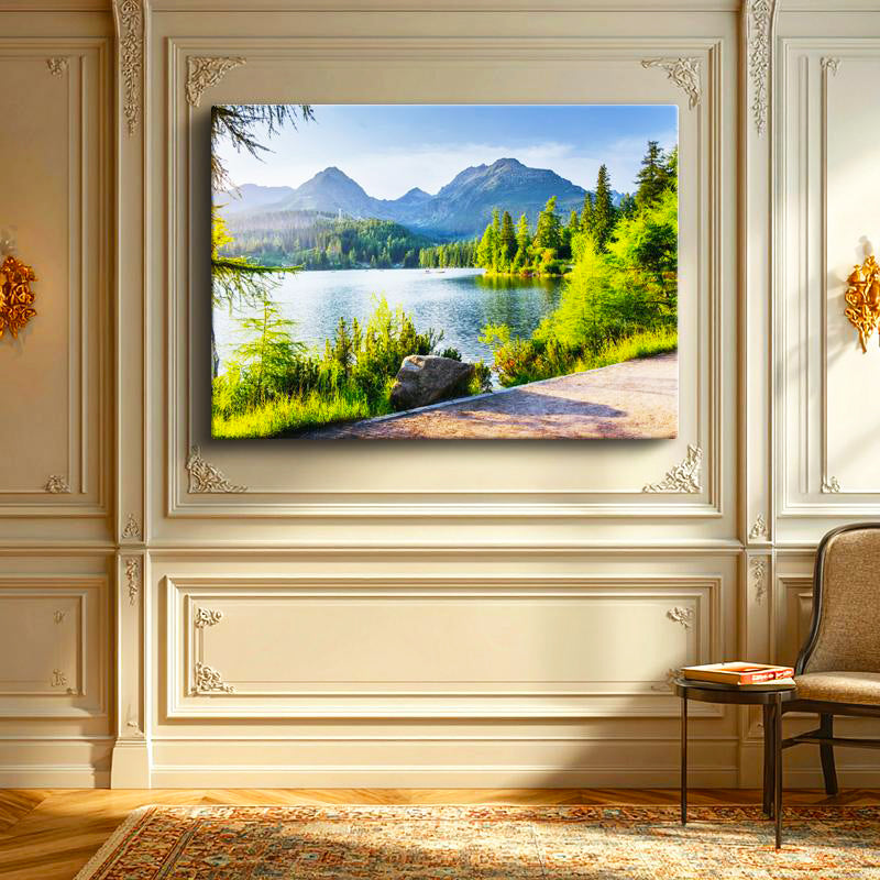 Yatay Kanvas Tablo Güneşli Göl Kenarı ve Patika Manzara Tablosu Ev Ofis Duvar Dekoru