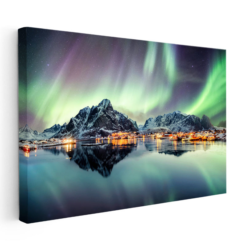 Yatay Kanvas Tablo Kuzey Işıkları ve Sahil Kasabası Manzara Tablosu Ev Ofis Duvar Dekoru