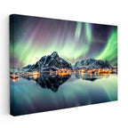 Yatay Kanvas Tablo Kuzey Işıkları ve Sahil Kasabası Manzara Tablosu Ev Ofis Duvar Dekoru