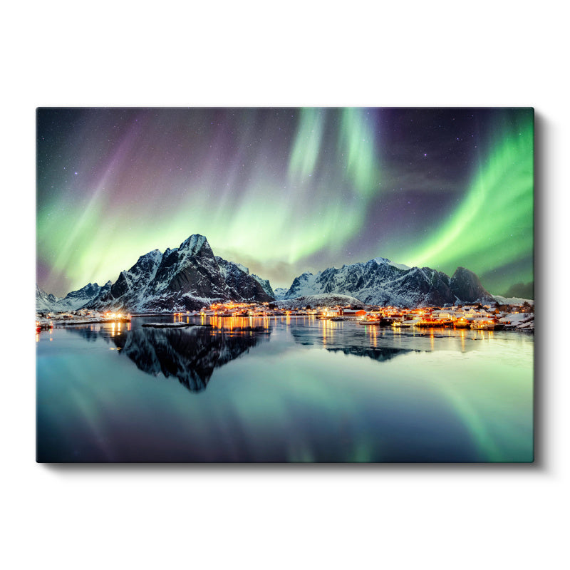 Yatay Kanvas Tablo Kuzey Işıkları ve Sahil Kasabası Manzara Tablosu Ev Ofis Duvar Dekoru